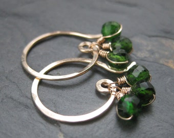 Tiny Chrome Diopside Cluster Earrings - Faceted Chrome Diopside Garnet on Gold Round Hooks - Simple Minimal Chrome Diopside Earring Dangles