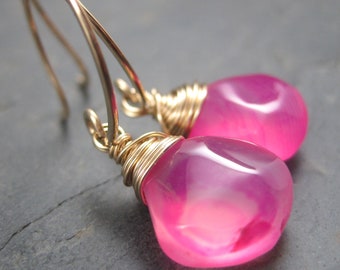 Hot Pink Chalcedony Earrings - Gold French Hook Small Round Hoop - Banded Pink Chalcedony Briolette Earrings