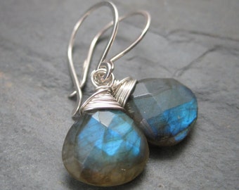 Silver Labradorite Earrings - Small Teardrops - French Hook Small Round Hoop - Faceted Briolette with Brilliant Green Blue Flash and Fire