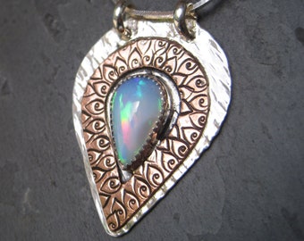 Peacock Feather - Large Ethiopian Opal Pendant 3.34 Carats - Sterling Silver Opal Pendant - Mixed Metal Copper and Silver Rainbow Fire Opal