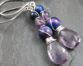 Amethyst and Purple Tiger Eye Sterling Silver Earrings - Rainbow Tigerseye and Lavender Amethyst - Purple Briolette Earrings