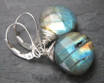 Rainbow Labradorite Sterling Silver Lever Back Earrings - Checkerboard Heart Cut -  Big Briolettes with Blue Green Green Flash & Fire