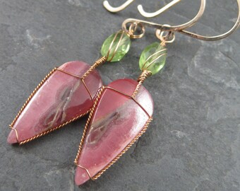 Banded Pink Rhodochrosite Gold Earrings with Peridot - Banded Rhodochrosite Slices Gold Wire Wrapped - Translucent Bubble Gum Pink