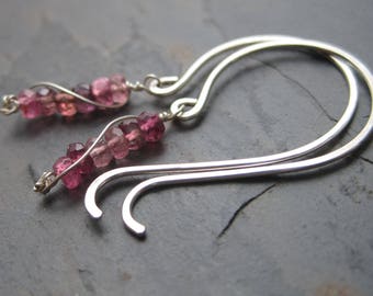 Rubellite Tourmaline and Silver Earrings - Thin Lightweight Dangles - Skinny Dangle Earrings - Pink Tourmaline