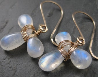 Blue Flash & Fire Three Teardrop Moonstone Earrings - Gold French Hook - Gold Moonstone Earrings - Wire Wrapped Triquetra