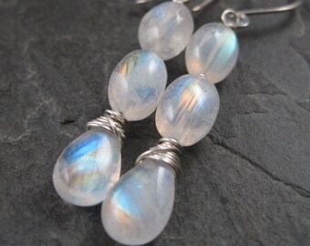 Glowing Blue Moonstone Silver Earrings  -  Fine Translucent Blue Sheen Moonstone - Moonstone Briolette Earrings - Sterling Silver Moonstone