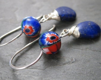 Vintage Murano Glass and Lapis Sterling Silver Earrings - Ercole Moretti Venetian Glass Beads - Sterling Silver Drop Earrings with Lapis