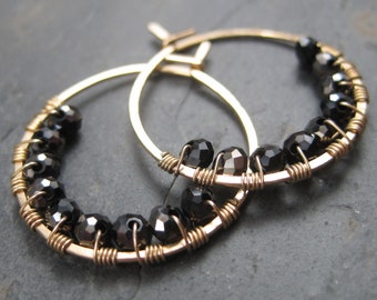 14kt Gold Filled Hoops - Wire Wrapped Black Crystal - Black and Gold Hoop Earrings with Lever Back Closure