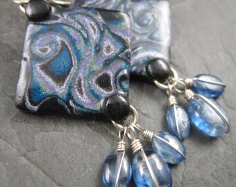 Fairy Swirl Sterling Silver Kyanite Earrings - Polymer Clay Metallic Purple Blue and Green -Modern Black Geometric Polymer Clay Earrings