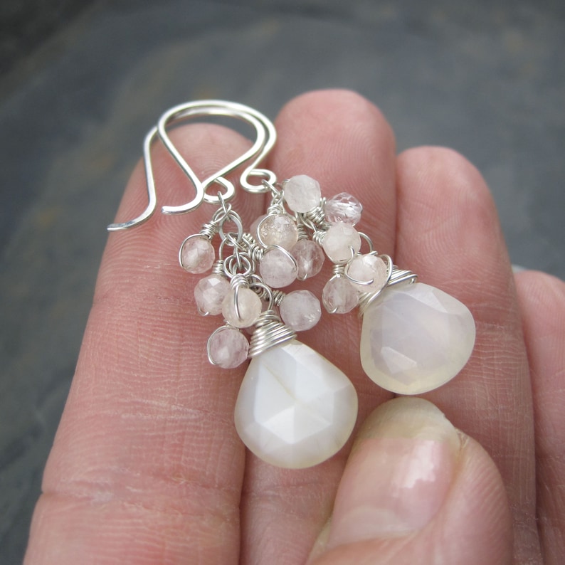 Long Dramatic Earrings Moonstone and Morgaite Cluster Earrings Sterling Silver Moonstone Dangles Faceted Briolettes