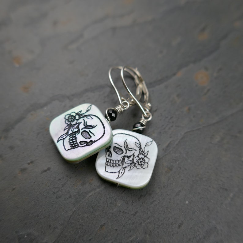 Old School Skull and Flower Engraved Shell Earrings in Sterling Silver Sterling Silver Lever Back Ear Wires Little Skull Earrings image 3