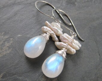 Blue Sheen Moonstone Briolette Earrings - Moonstone and Keshi Pearl Earrings -  Sterling Silver Moonstone Dangles with Pearl Cluster