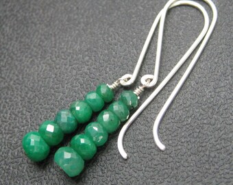 Genuine Emerald Stack Faceted Earrings - Long Sterling Silver French Hook Dangles