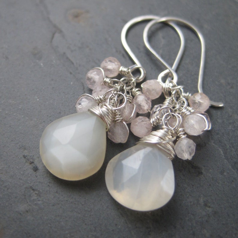 Long Dramatic Earrings Moonstone and Morgaite Cluster Earrings Sterling Silver Moonstone Dangles Faceted Briolettes