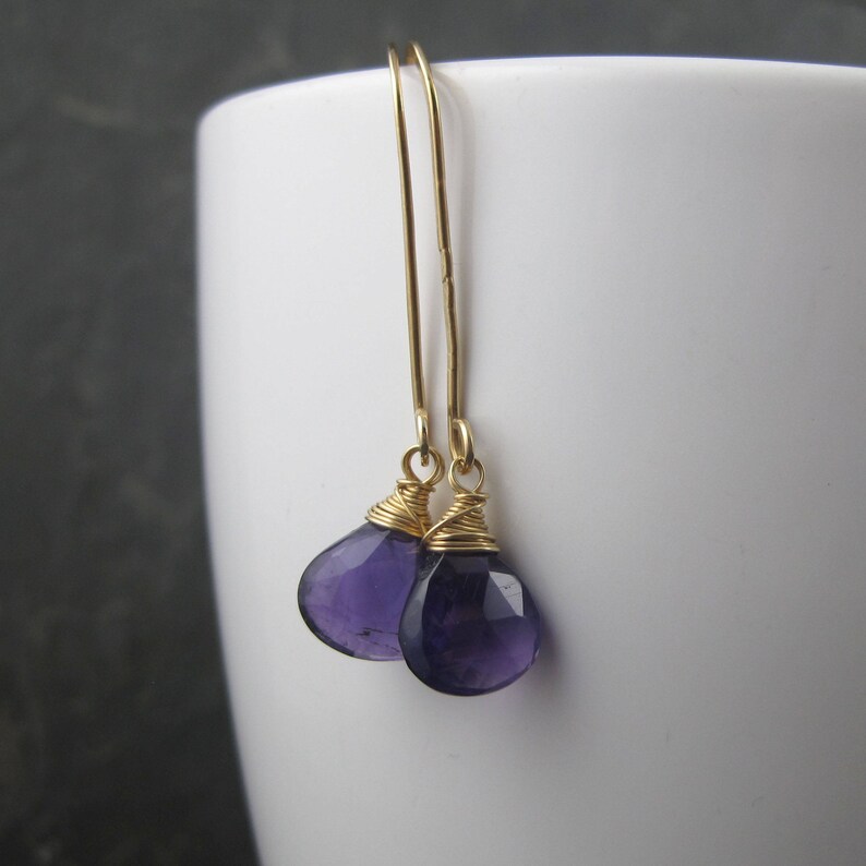 Long Amethyst Earrings 14kt Gold Briolette Dangles Dark Violet African Amethyst