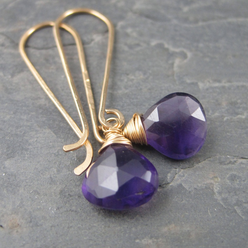 Long Amethyst Earrings 14kt Gold Briolette Dangles Dark Violet African Amethyst