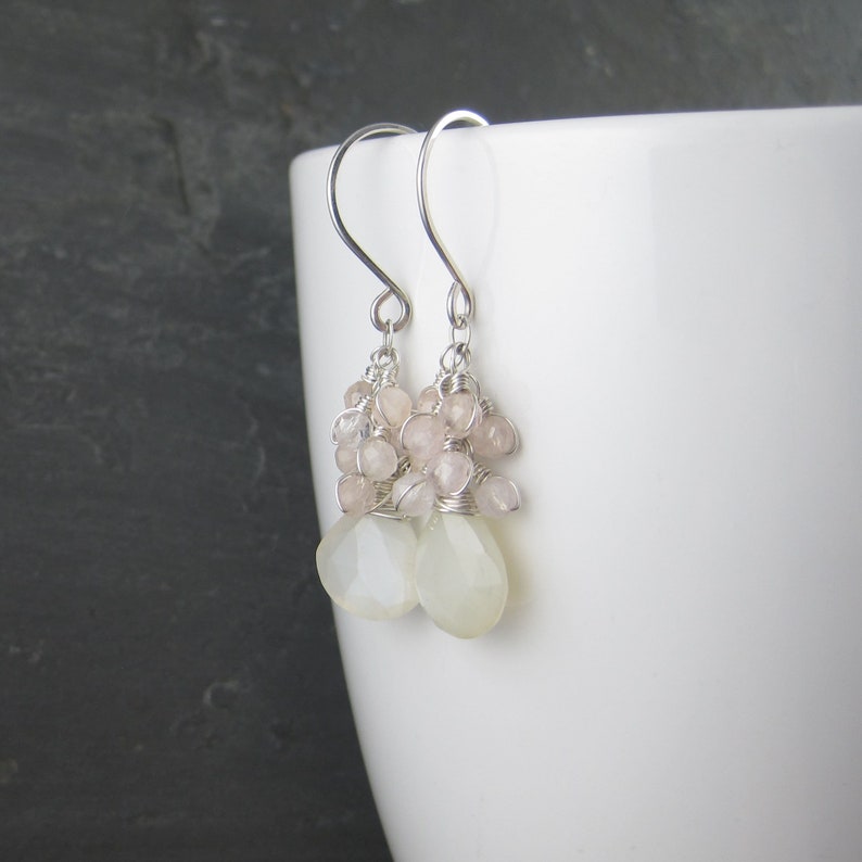 Long Dramatic Earrings Moonstone and Morgaite Cluster Earrings Sterling Silver Moonstone Dangles Faceted Briolettes
