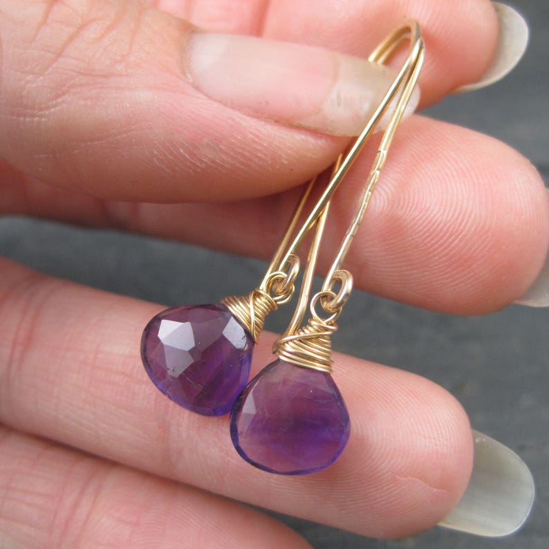 Long Amethyst Earrings 14kt Gold Briolette Dangles Dark Violet African Amethyst