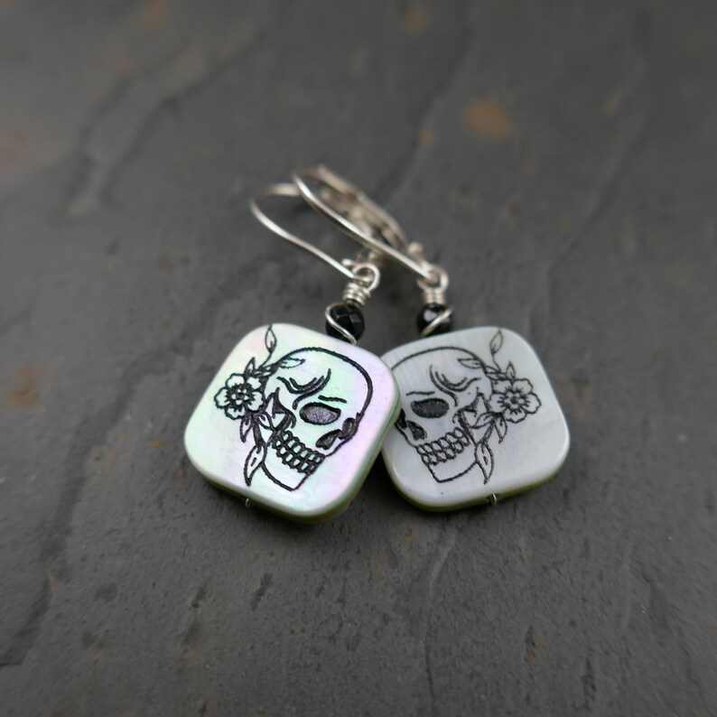 Old School Skull and Flower Engraved Shell Earrings in Sterling Silver Sterling Silver Lever Back Ear Wires Little Skull Earrings image 1