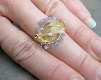 Citrine and Tanzanite 14kt Gold Wire Ring - Swirls and Curls - Size 7