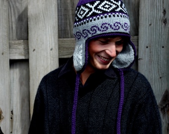 Traditional Peruvian-style Hand Knit Wool Winter Ear Flap Hat