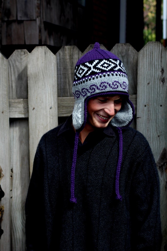 Traditional Peruvian-style Hand Knit Wool Winter Ear Flap Hat