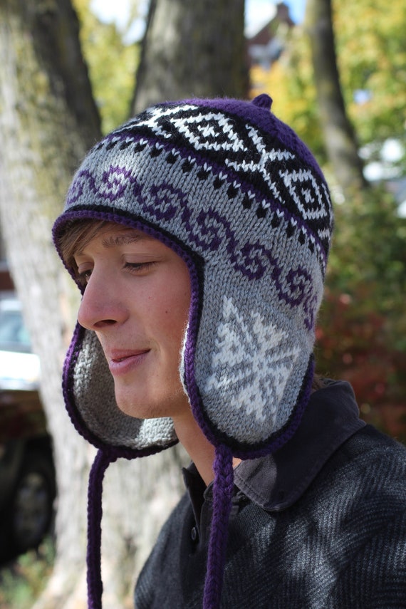 Traditional Peruvian-style Hand Knit Wool Winter Ear Flap Hat