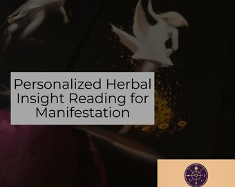 Puede incluir: Imagen oscura con dos figuras etéreas y el texto "Personalized Herbal Insight Reading for Manifestation". Un logotipo de "Tarot Readings" está en la parte inferior. La imagen tiene un tema místico y espiritual.