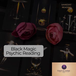 Puede incluir: Imagen oscura con cartas del tarot, rosas rosas y el texto "Black Magic Psychic Reading". Las cartas tienen detalles dorados e ilustraciones. La escena sugiere un servicio místico o espiritual.