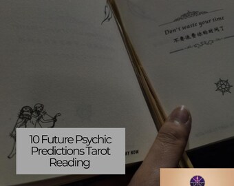 May include: A close-up of an open book with a bookmark. The book is titled "Sameday Reading" and has the text "Don't waste your time 不要浪费你的时间了" on the open page. The text "10 Future Psychic Predictions Tarot Reading" is superimposed on the image.