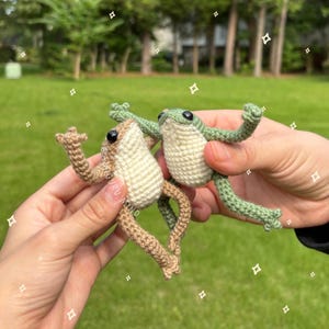 May include: Two handmade crochet frog toys. One frog is green and the other is tan. Both frogs have black eyes and are posed with their arms and legs outstretched. The frogs are made of yarn and are held in front of a green background.