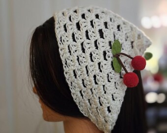 Beige Cherry Crochet Bandana, Flower Hair Kerchief, Boho  display picture 3