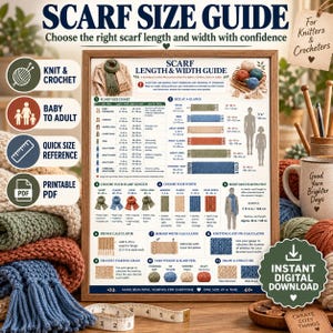 May include: A scarf size guide chart in a wooden frame featuring text, diagrams, and tables for knitting and crochet measurements. The chart includes sections for scarf length, width, fringe, and yarn weight, with a measuring tape in the foreground.