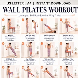 Può includere: Una tabella di esercizi di pilates al muro con dodici illustrazioni numerate. Il testo include il titolo Wall Pilates Workout, Low-Impact Full Body Exercises Using A Wall, e le istruzioni per ogni movimento come Wall Sit e Wall Push-Up.