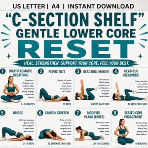 May include: A digital instructional guide titled C-SECTION SHELF GENTLE LOWER CORE RESET. It features eight numbered exercise illustrations including diaphragmatic breathing, pelvic tilts, dead bug, bridge, samson stretch, plank, and core engagement.