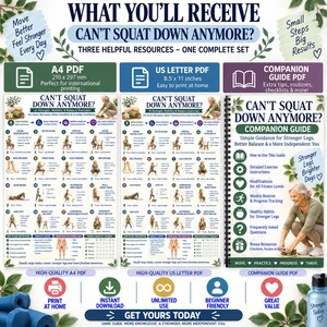 May include: A digital exercise resource set titled Can't Squat Down Anymore, featuring an A4 PDF, a US Letter PDF measuring 8.5 by 11 inches, and a companion guide. The documents include 16 strength, mobility, and balance exercises with illustrations, instructions, and tracking charts for leg health.