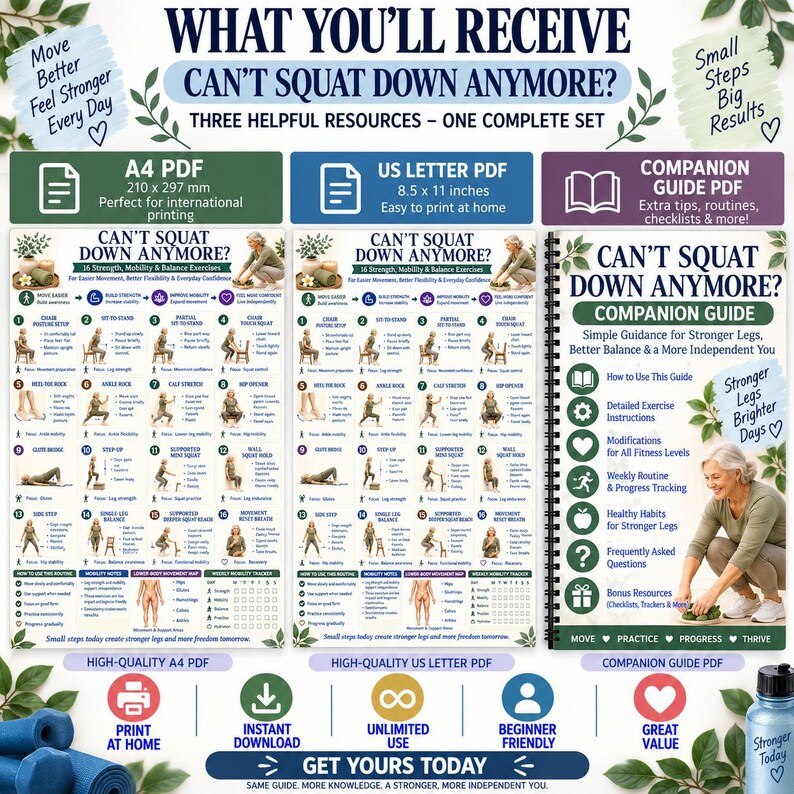 May include: A digital exercise resource set titled Can't Squat Down Anymore, featuring an A4 PDF, a US Letter PDF measuring 8.5 by 11 inches, and a companion guide. The documents include 16 strength, mobility, and balance exercises with illustrations, instructions, and tracking charts for leg health.