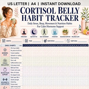 Può includere: Un tracker stampabile delle abitudini del cortisolo addominale con una donna che tiene una tazza. Il tracker include sezioni per le abitudini quotidiane, lo stress, il sonno, il movimento e la nutrizione. Ha un layout di calendario.
