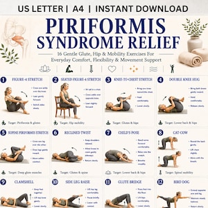 Piriformis Syndrome Relief Exercises Printable, Glute & Hip Mobility Routine PDF, Sciatica-Friendly Stretching Exercise Guide