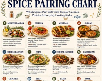 Spice Pairing Chart Printable, Herb Spice Guide PDF, Seasoning Reference Chart For Meat, Fish & World Cuisines