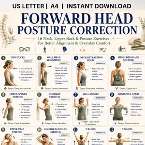 May include: A digital poster titled FORWARD HEAD POSTURE CORRECTION featuring 16 numbered exercise instructions for neck and upper back alignment. The layout includes illustrations of people performing movements like chin tucks, wall angels, and stretches.