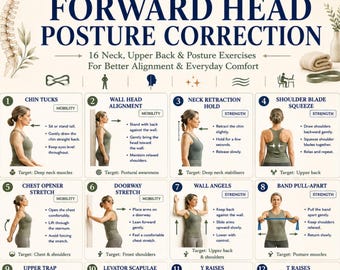 Korrektur der vorderen Kopfhaltung zum Ausdrucken, PDF für Nacken- und obere Rückenübungen, Haltungs-Ausrichtung Workout-Leitfaden