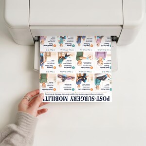 May include: A printed sheet from a printer, featuring a guide for post-surgery mobility exercises. The guide includes illustrations and instructions for various movements, such as ankle pumps, heel slides, and seated knee lifts. The text reads "POST-SURGERY MOBILITY".