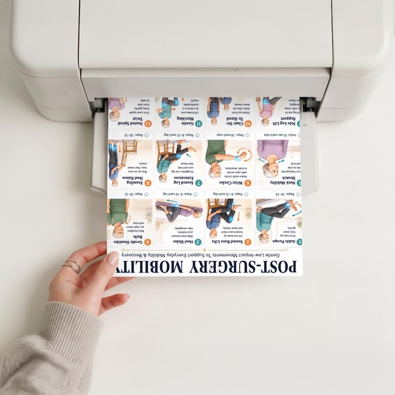 May include: A printed sheet from a printer, featuring a guide for post-surgery mobility exercises. The guide includes illustrations and instructions for various movements, such as ankle pumps, heel slides, and seated knee lifts. The text reads "POST-SURGERY MOBILITY".