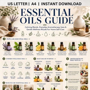 May include: An essential oils guide with the title "ESSENTIAL OILS GUIDE" in large, bold letters. The guide features various essential oils, including lavender, peppermint, and lemon, along with their benefits and uses. The guide is designed for home self-care.
