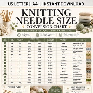 Knitting Needle Size Conversion Chart Printable, US UK Metric Needle Guide PDF