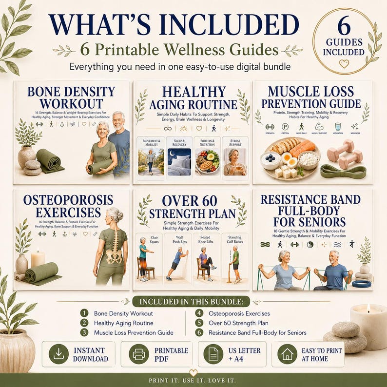 May include: A digital bundle of 6 printable wellness guides featuring titles: Bone Density Workout, Healthy Aging Routine, Muscle Loss Prevention Guide, Osteoporosis Exercises, Over 60 Strength Plan, and Resistance Band Full-Body for Seniors.