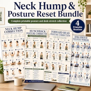 May include: A digital bundle of four printable posture and desk-stretch guides titled Neck Hump & Posture Reset Bundle. Each guide features numbered exercise routines with illustrations and text for neck, hunchback, and forward head correction.