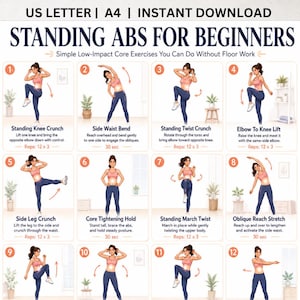 Puede incluir: Infografía de fitness titulada "STANDING ABS FOR BEGINNERS" con 12 ejercicios ilustrados. Cada ejercicio muestra a una mujer demostrando un entrenamiento de core, con instrucciones y recuentos de repeticiones. Los ejercicios incluyen flexiones de rodillas, flexiones laterales y giros.
