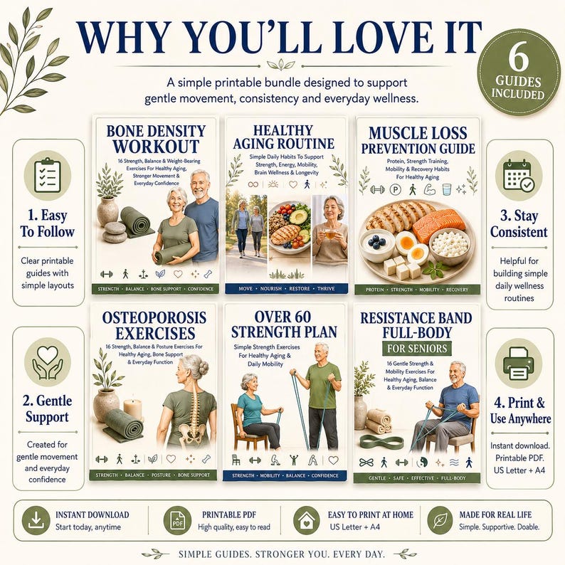 May include: A digital bundle of 6 printable guides titled Bone Density Workout, Healthy Aging Routine, Muscle Loss Prevention Guide, Osteoporosis Exercises, Over 60 Strength Plan, and Resistance Band Full-Body for Seniors, featuring text and imagery.